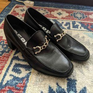 Depp mid heel loafers black leather gold chain